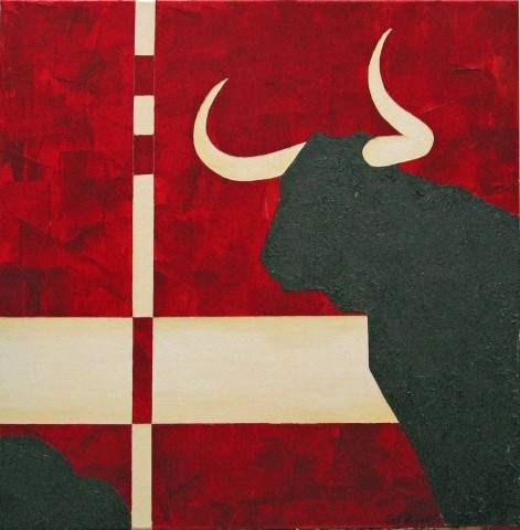 Acrylbild eines grünen Frosches vor rosa Hintergrund